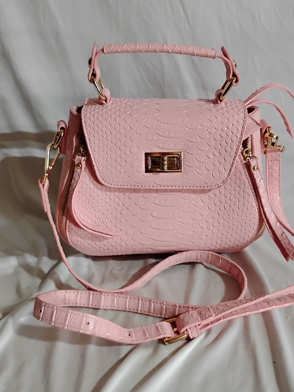 Blush Pink Textured Top-Handle Satchel with Detachable Strap